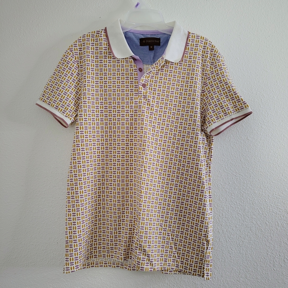 Porto Sur Men’s Polo Shirt Size M Geometric Print Short Sleeve Cotton Blend.